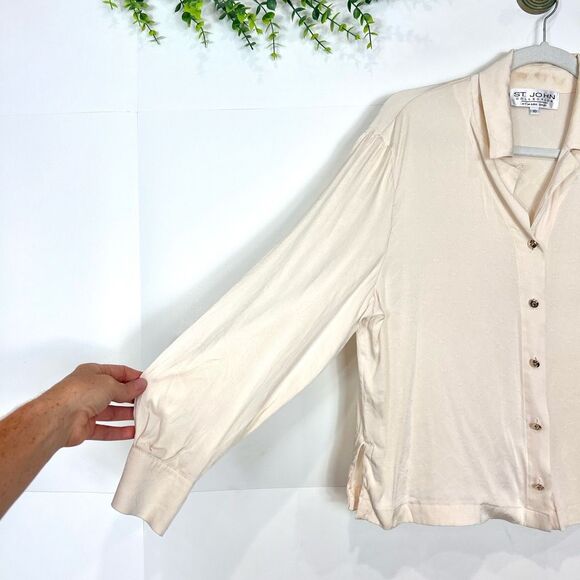 St. John Collection Silk Blouse Women 10 Cream Jacquard Button Front Long Sleeve - Picture 13 of 13